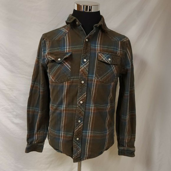 Route 66 Mens Large Brown Blue Stripe Flannel Pearl Snap Western Shirt - Picture 4 of 10
